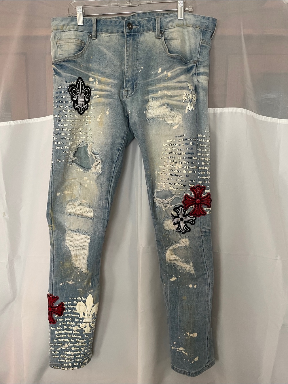 36 Smoke Rise Fleur De Lis Distressed Embellished Graphic Denim Jean Grunge Y2K